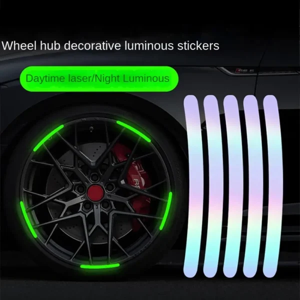 20Pcs Wheel Hub Reflective Sticker Rainbow Fluorescence Luminous Stripe Tape Car Motorcycle Decal Night Driving Safety Accessory - Image 2